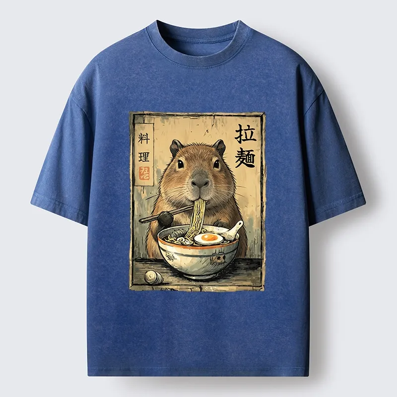 Tokyo-Tiger Capybara Enjoying A Bowl Of Ramen Washed T-Shirt