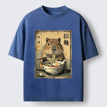 Tokyo-Tiger Capybara Enjoying A Bowl Of Ramen Washed T-Shirt