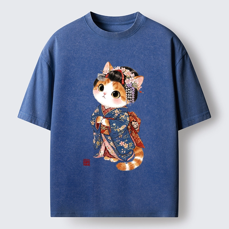 Tokyo-Tiger Cat Dressed As A Geisha Funny Washed T-Shirt