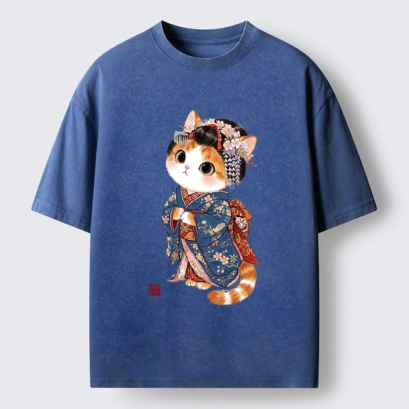 Tokyo-Tiger Cat Dressed As A Geisha Funny Washed T-Shirt