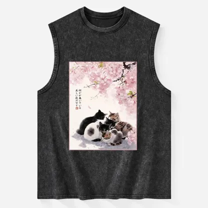 Tokyo-Tiger Cute Cats Sakura Garden Washed Tank