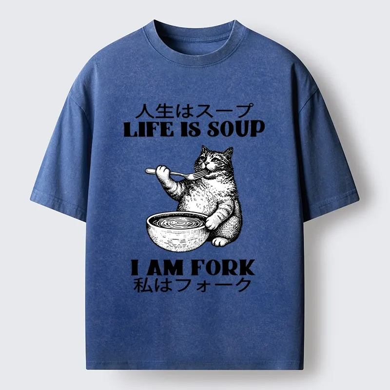 Tokyo-Tiger Cat Eating Soup With A Fork Washed T-Shirt