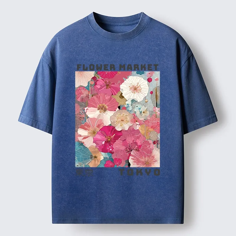Tokyo-Tiger Market Colorful Floral Art Washed T-Shirt