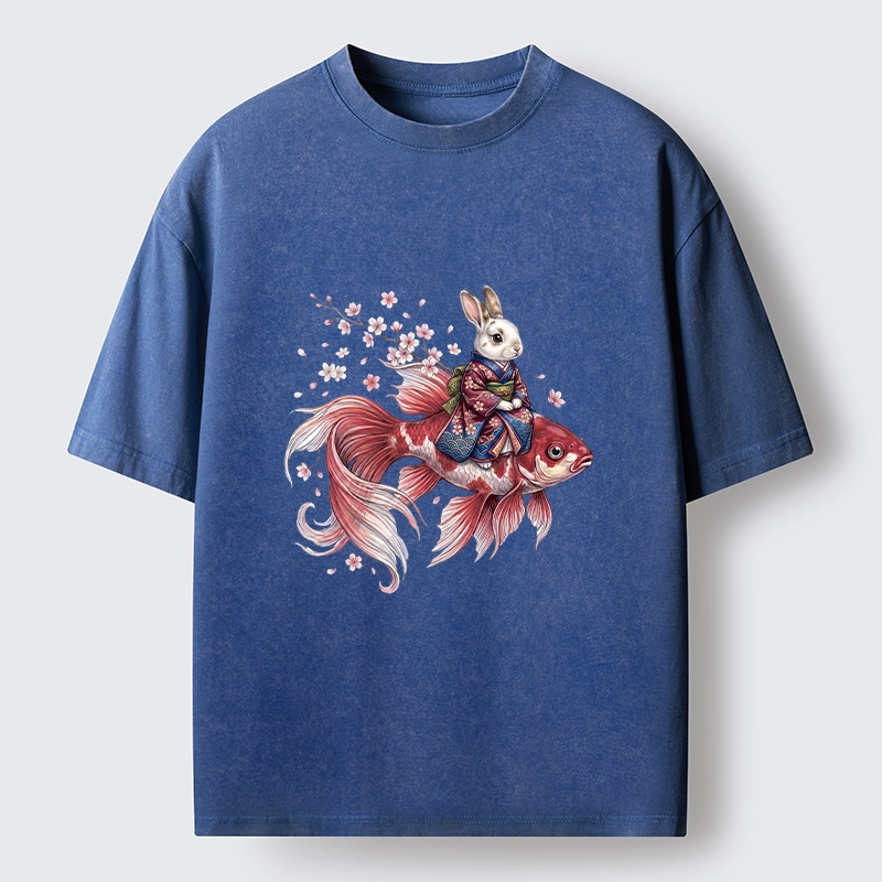 Tokyo-Tiger Japanese Style Rabbit And Koi Fish Washed T-Shirt