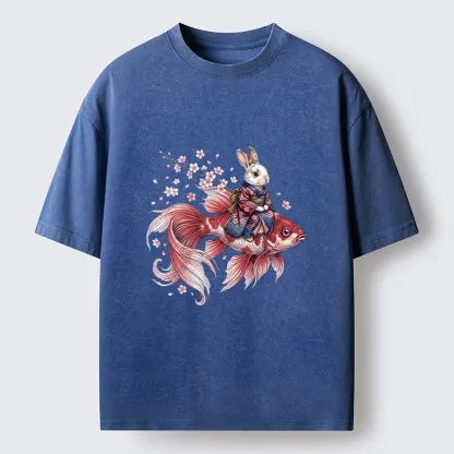Tokyo-Tiger Japanese Style Rabbit And Koi Fish Washed T-Shirt