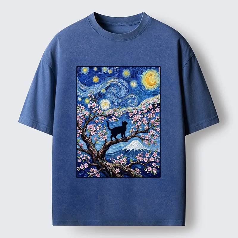 Tokyo-Tiger Van Gogh Style Cat With Mount Fuji Washed T-Shirt