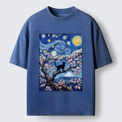 Tokyo-Tiger Van Gogh Style Cat With Mount Fuji Washed T-Shirt