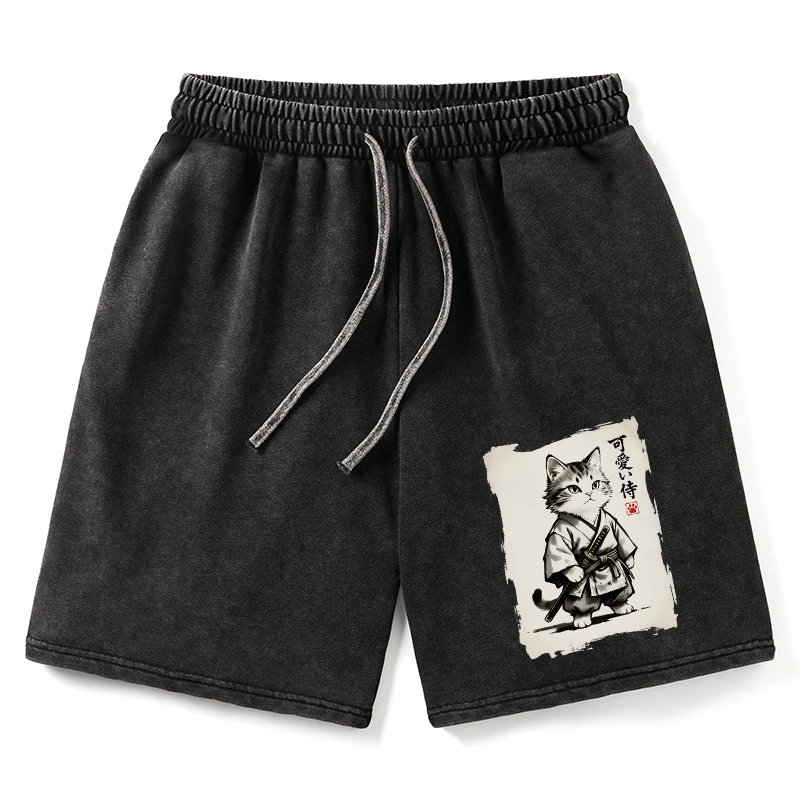 Tokyo-Tiger Japanese Samurai Cat Illustration Washed Shorts