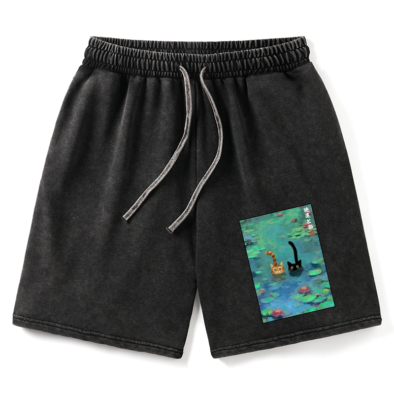 Tokyo-Tiger Funny Cats Swimming In Lilies Washed Shorts