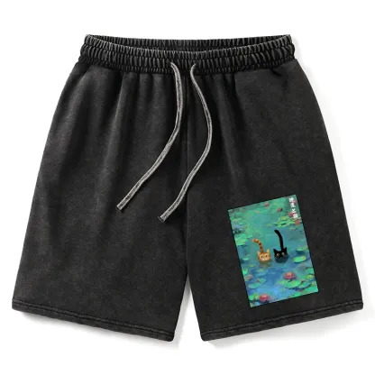 Tokyo-Tiger Funny Cats Swimming In Lilies Washed Shorts