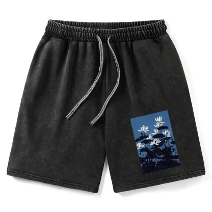 Tokyo-Tiger Blue Lotus Japanese Art Washed Shorts
