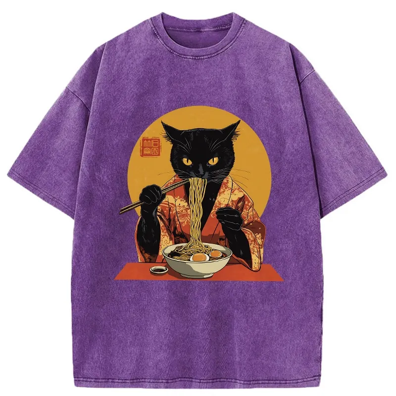 Tokyo-Tiger Ramen-obsessed Cat Washed T-Shirt