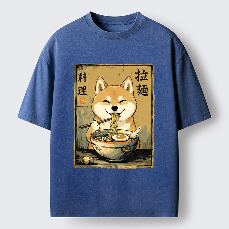 Tokyo-Tiger Happy Shiba Eating Ramen Washed T-Shirt