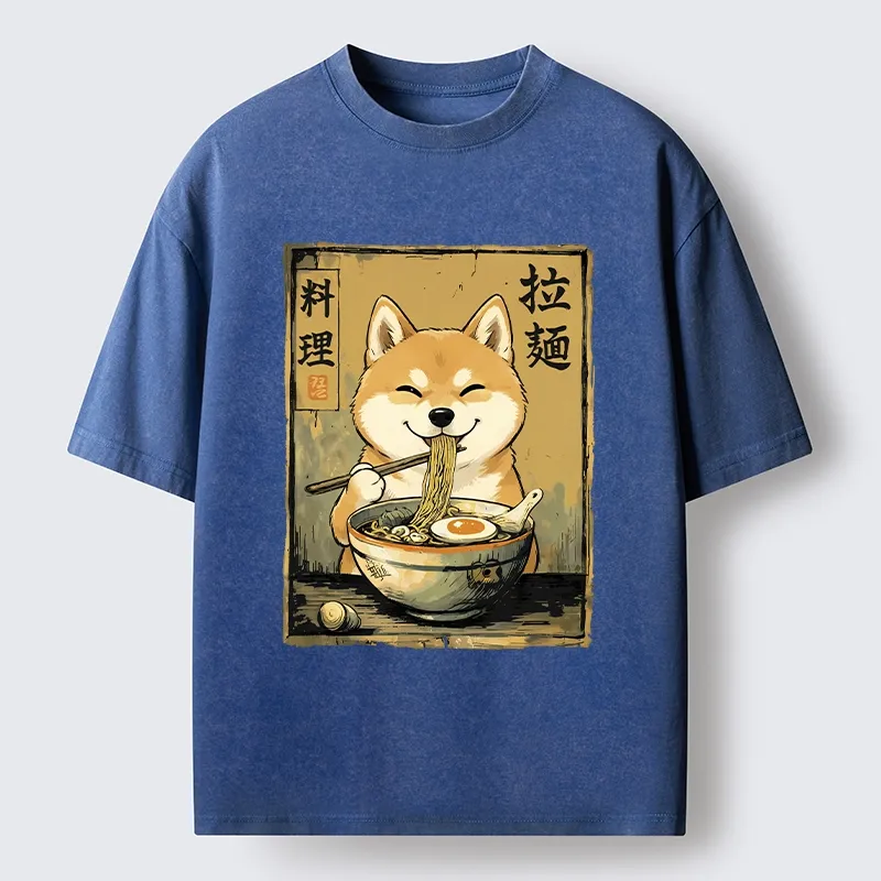 Tokyo-Tiger Happy Shiba Eating Ramen Washed T-Shirt