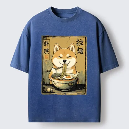 Tokyo-Tiger Happy Shiba Eating Ramen Washed T-Shirt
