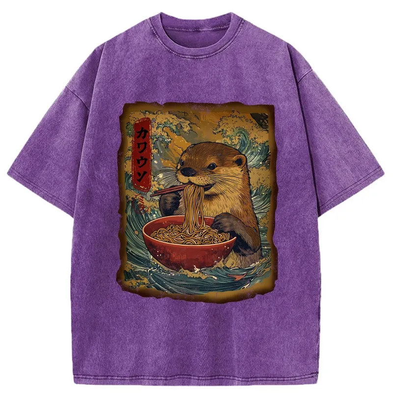 Tokyo-Tiger Otter Eats Ramen Washed T-Shirt