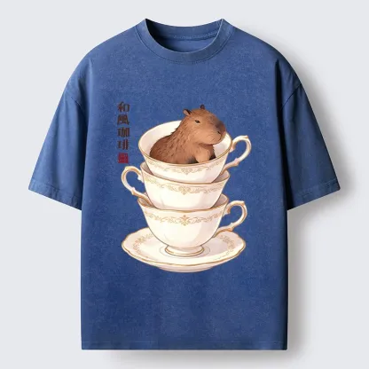 Tokyo-Tiger Japanese Coffee Capybara In A Teacup Washed T-Shirt