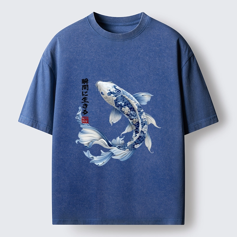 Tokyo-Tiger Blue And White Koi Fish Japanese Art Print Washed T-Shirt