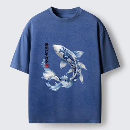 Tokyo-Tiger Blue And White Koi Fish Japanese Art Print Washed T-Shirt