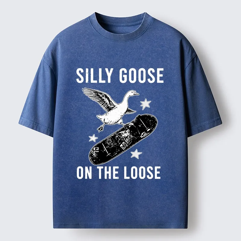 Tokyo-Tiger Cool Goose On Skateboard Washed T-Shirt