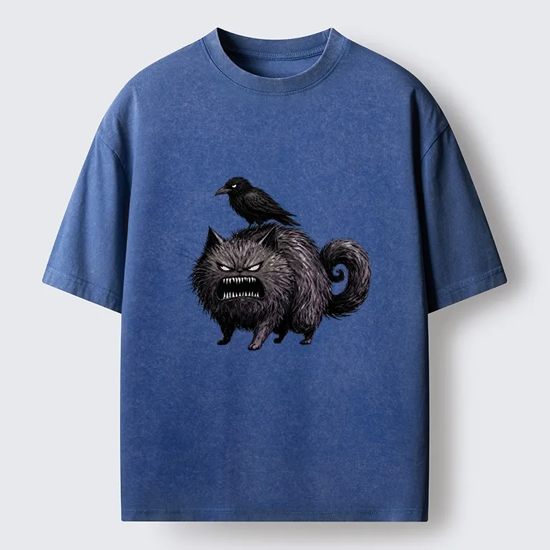 Tokyo-Tiger Angry Black Cat With Crow On Its Back Washed T-Shirt