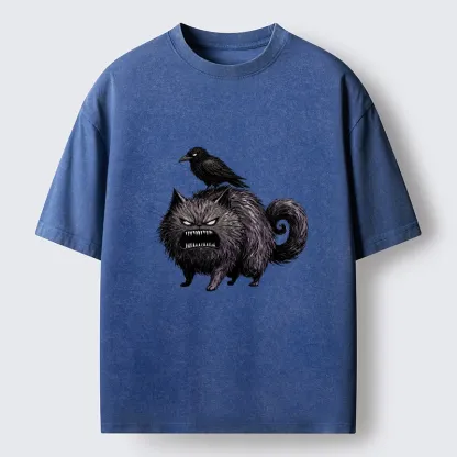 Tokyo-Tiger Angry Black Cat With Crow On Its Back Washed T-Shirt