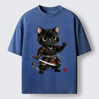 Tokyo-Tiger Samurai Black Cat With Katana Cute Art Washed T-Shirt