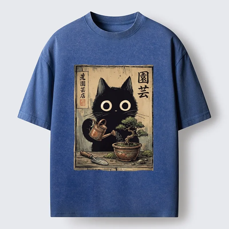 Tokyo-Tiger Black Cat Watering Bonsai Tree Washed T-Shirt