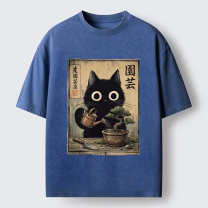 Tokyo-Tiger Black Cat Watering Bonsai Tree Washed T-Shirt