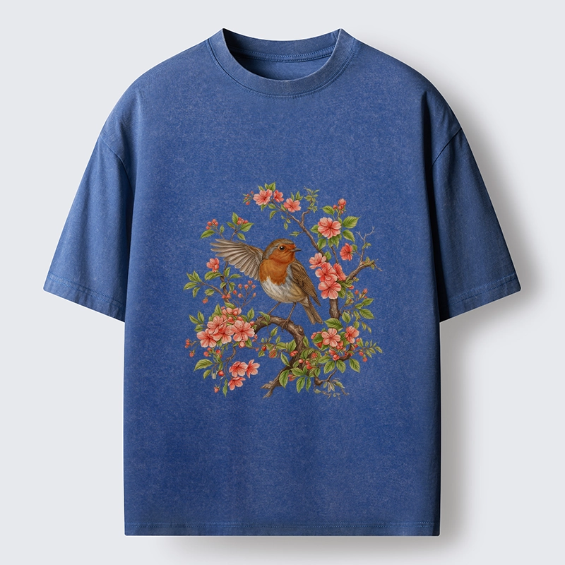 Tokyo-Tiger Beautiful Robin And Spring Flowers Washed T-Shirt