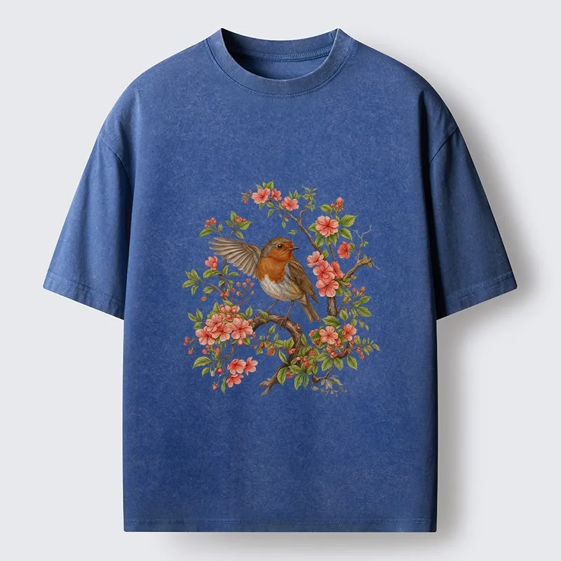 Tokyo-Tiger Beautiful Robin And Spring Flowers Washed T-Shirt