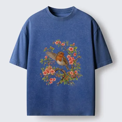 Tokyo-Tiger Beautiful Robin And Spring Flowers Washed T-Shirt