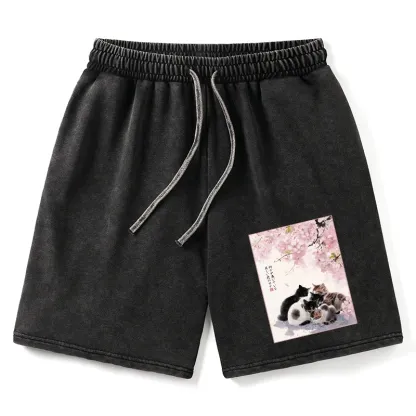 Tokyo-Tiger Cute Cats Sakura Garden Washed Shorts