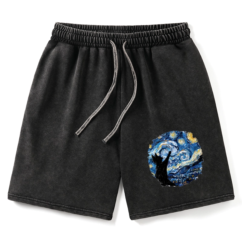 Tokyo-Tiger Starry Night Black Cat Washed Shorts