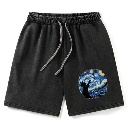 Tokyo-Tiger Starry Night Black Cat Washed Shorts