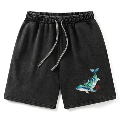 Tokyo-Tiger Whale Ink Painting Landscape Washed Shorts