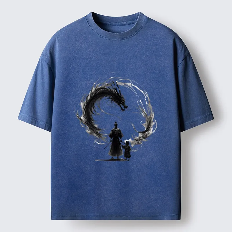 Tokyo-Tiger Samurai And Dragon Fatherhood Washed T-Shirt