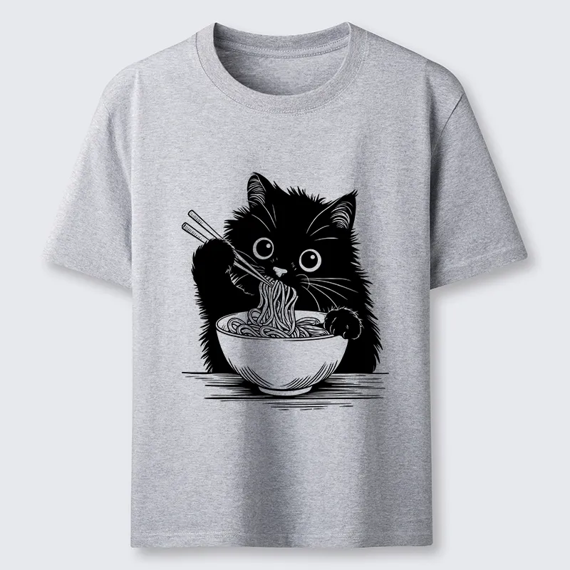 Tokyo-Tiger Black Cat Eating Ramen Funny Line Art Classic T-Shirt