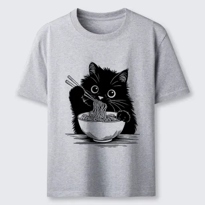 Tokyo-Tiger Black Cat Eating Ramen Funny Line Art Classic T-Shirt