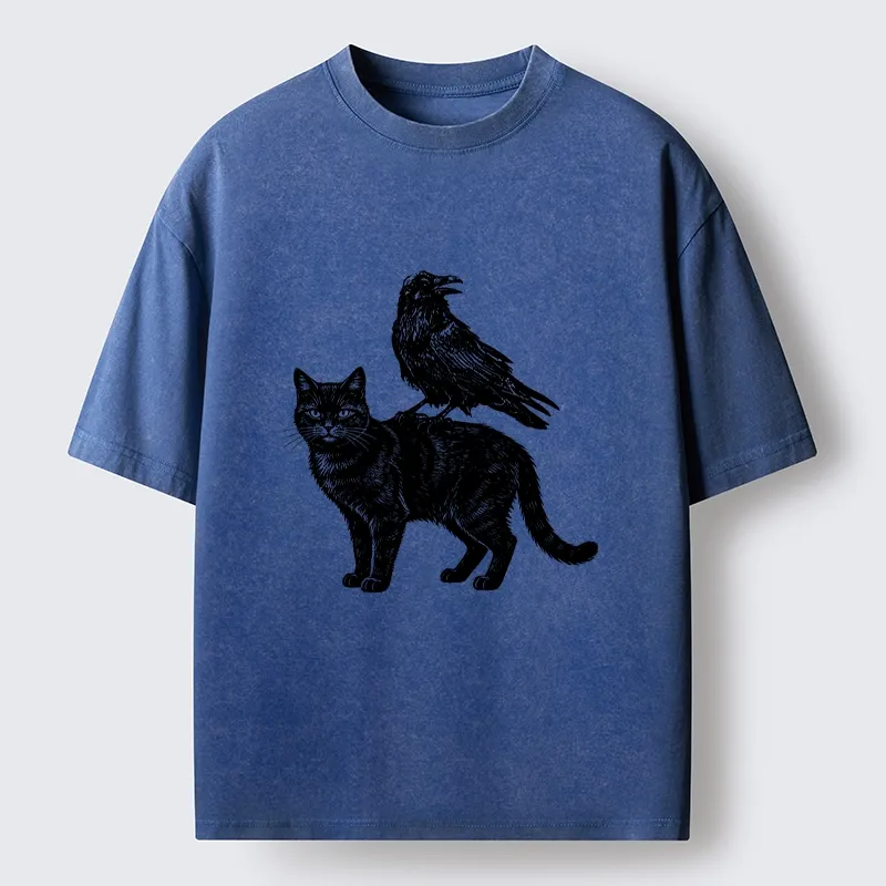 Tokyo-Tiger Funny Meme About Spooky Cat And Crow Washed T-Shirt