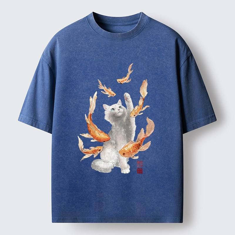 Tokyo-Tiger Fluffy Cat Chasing Koi Fish Dreams Washed T-Shirt