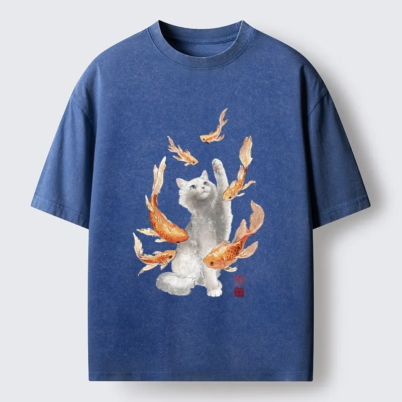 Tokyo-Tiger Fluffy Cat Chasing Koi Fish Dreams Washed T-Shirt