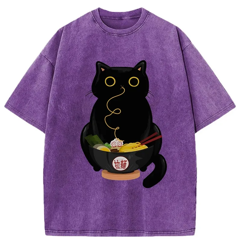 Tokyo-Tiger Ramen-Loving Cat Washed T-Shirt