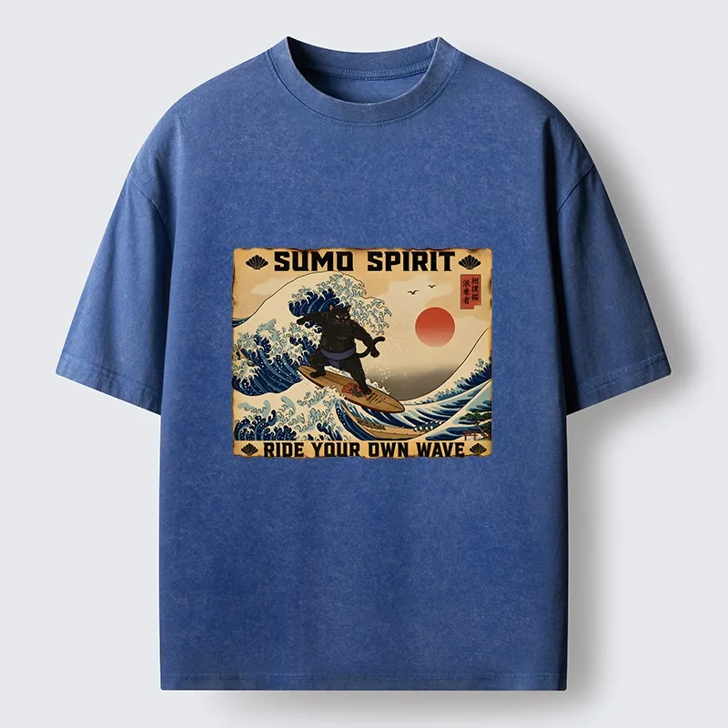 Tokyo-Tiger Sumo Cat Riding Its Own Wave Washed T-Shirt