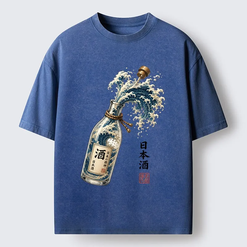 Tokyo-Tiger Ocean Wave Poured From A Sake Bottle Washed T-Shirt