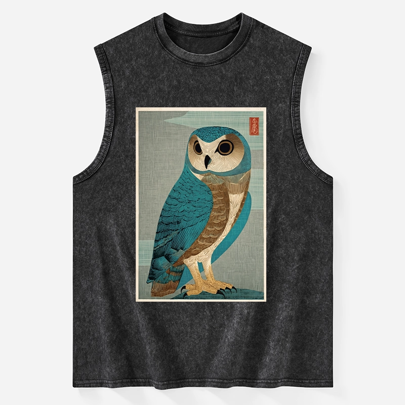 Tokyo-Tiger Vintage Owl Woodblock Art Washed Tank