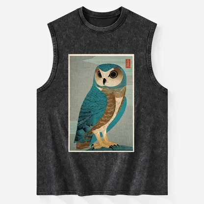 Tokyo-Tiger Vintage Owl Woodblock Art Washed Tank