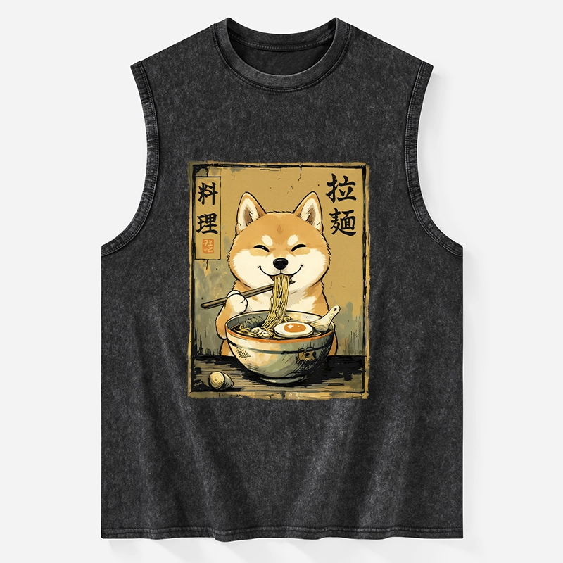 Tokyo-Tiger Happy Shiba Eating Ramen Washed Tank
