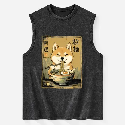 Tokyo-Tiger Happy Shiba Eating Ramen Washed Tank
