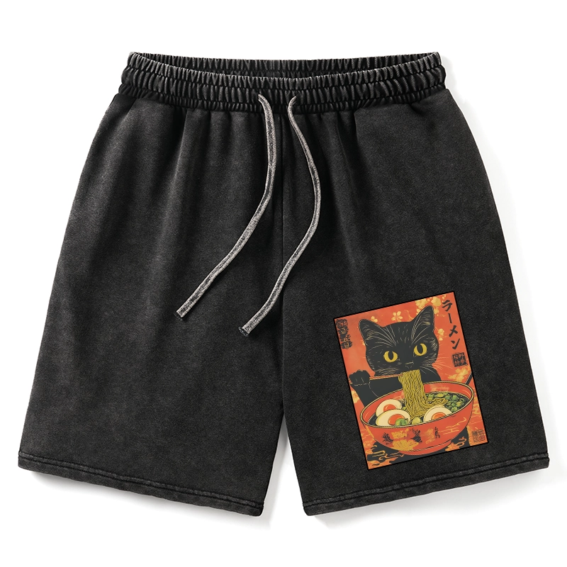 Tokyo-Tiger Hungry Black Cat Loves Ramen Washed Shorts